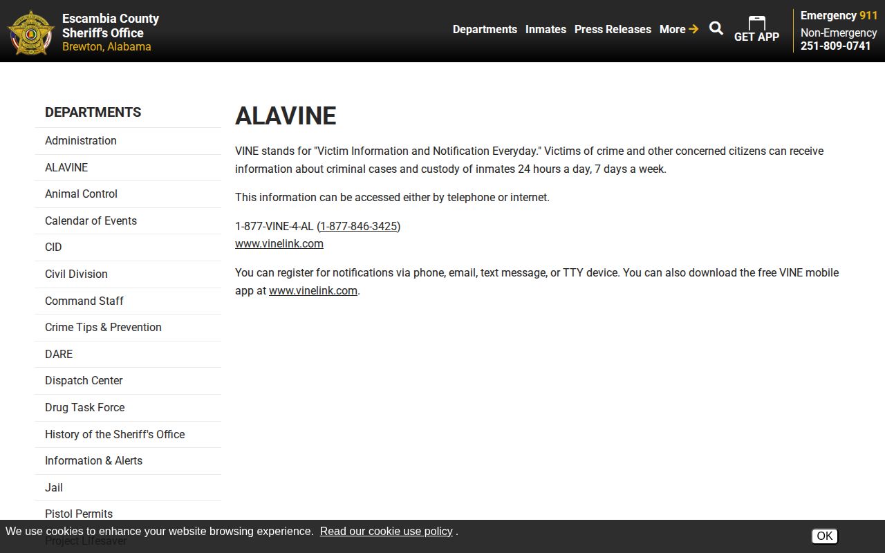 Escambia County Sheriff's Office ALAVINE instructions