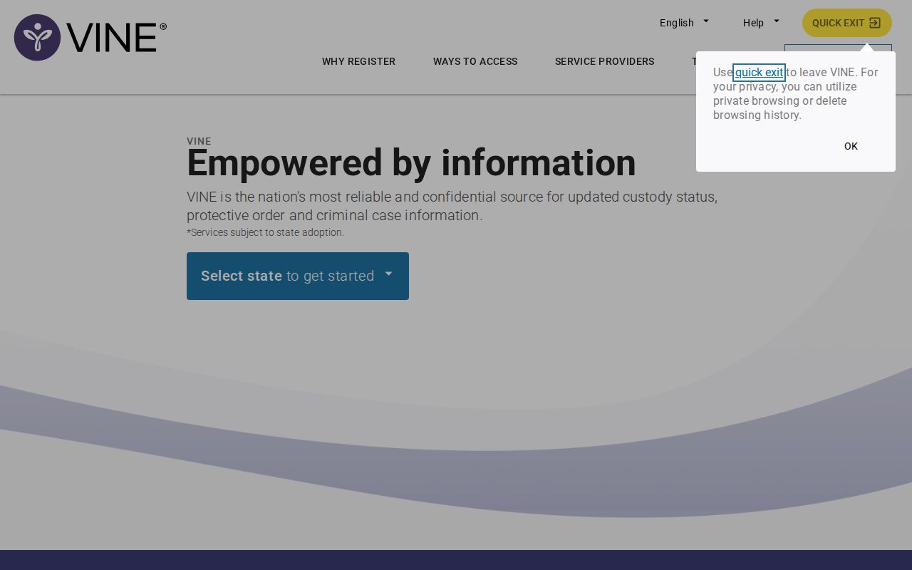 VINELink custody search interface for selecting a jurisdiction